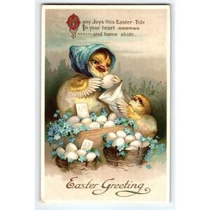Easter Postcard Ellen Clapsaddle Dressed Baby Chick In Bonnet Egg Baskets 2781